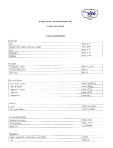 جدول ارزش های غذایی WPC پگاه